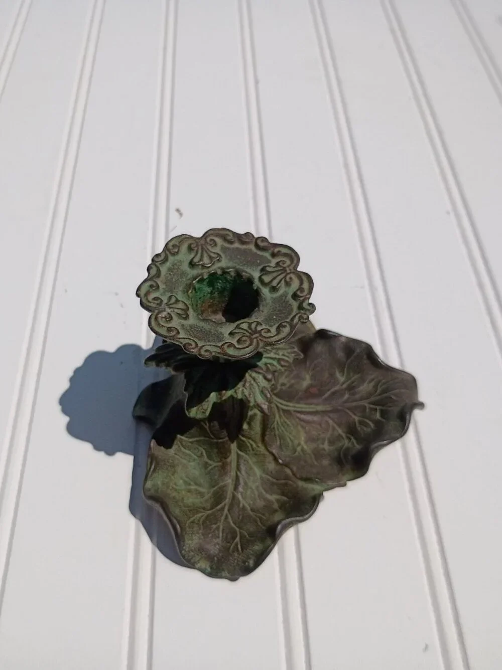 Vintage Cast Brass Taper Candle Holder Floral Leaf Verdigris Green Bronze Dish
